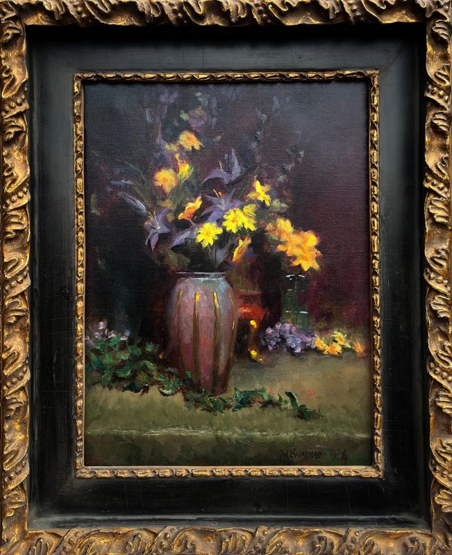 William Schneider Daises & Copper Vase stillife floral flowers still life oil painting framed