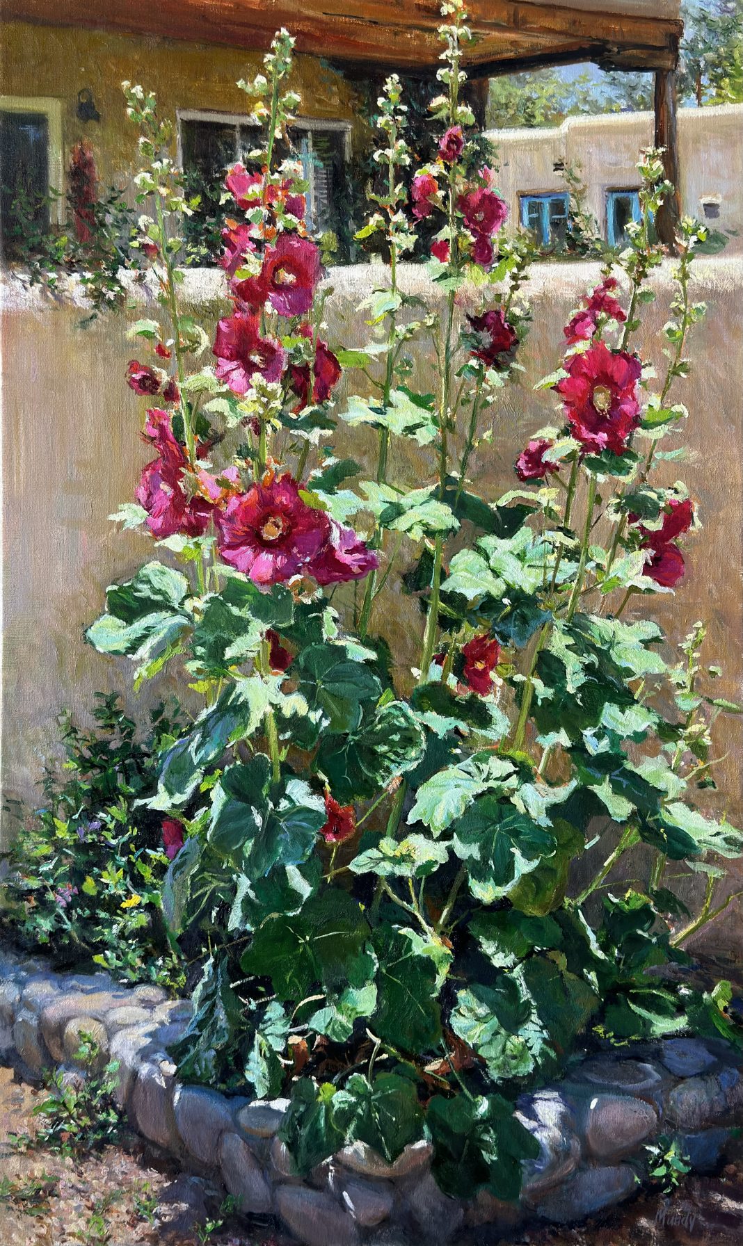 Daniel Mundy Hollyhocks In Bloom flower floral adobe plant garden Santa Fe New Mexico Taos western oil painting