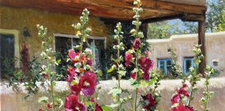 Daniel Mundy Hollyhocks In Bloom flower floral adobe plant garden Santa Fe New Mexico Taos western oil painting