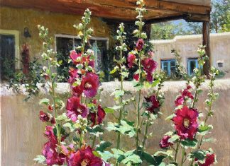 Daniel Mundy Hollyhocks In Bloom flower floral adobe plant garden Santa Fe New Mexico Taos western oil painting