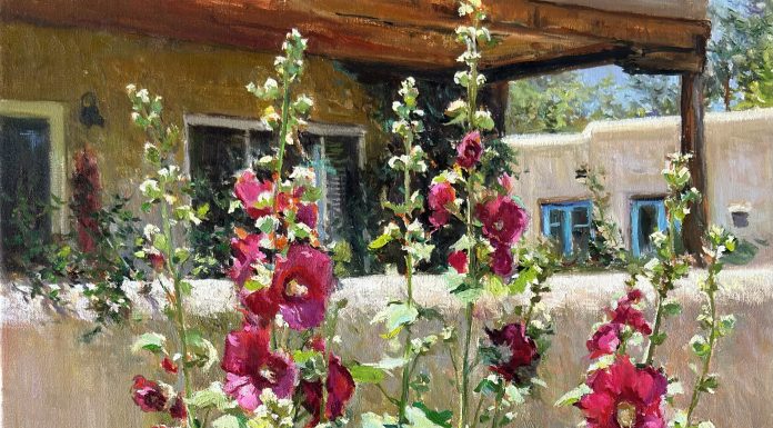 Daniel Mundy Hollyhocks In Bloom flower floral adobe plant garden Santa Fe New Mexico Taos western oil painting