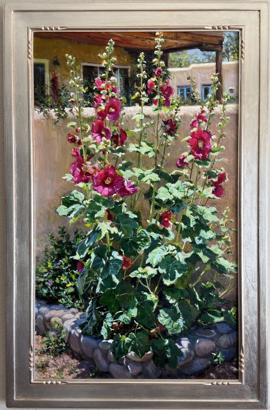 Daniel Mundy Hollyhocks In Bloom flower floral adobe plant garden Santa Fe New Mexico Taos western oil painting framed