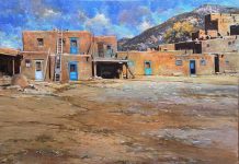 Daniel Mundy Pueblo Turquoise Taos New Mexico Native American Indian encampment adobe buildings architecture oil painting