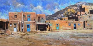 Daniel Mundy Pueblo Turquoise Taos New Mexico Native American Indian encampment adobe buildings architecture oil painting