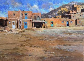 Daniel Mundy Pueblo Turquoise Taos New Mexico Native American Indian encampment adobe buildings architecture oil painting