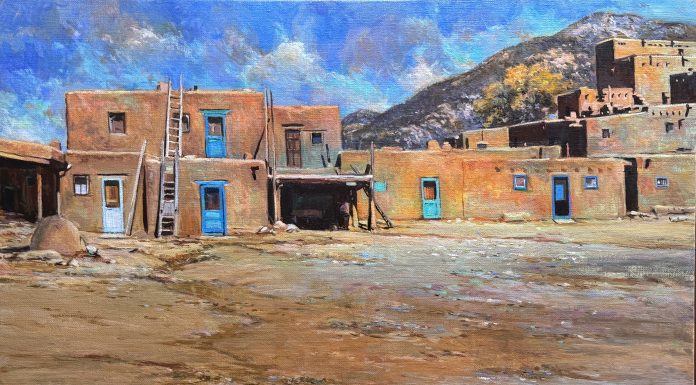 Daniel Mundy Pueblo Turquoise Taos New Mexico Native American Indian encampment adobe buildings architecture oil painting