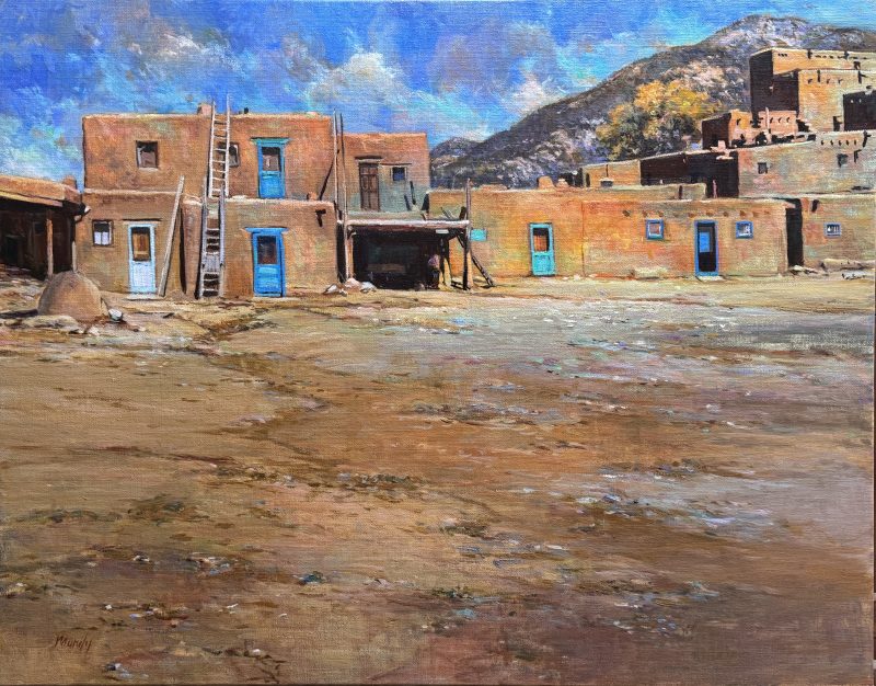 Daniel Mundy Pueblo Turquoise Taos New Mexico Native American Indian encampment adobe buildings architecture oil painting