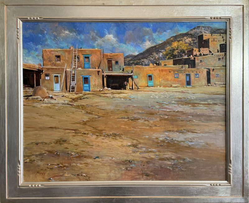 Daniel Mundy Pueblo Turquoise Taos New Mexico Native American Indian encampment adobe buildings architecture oil painting framed