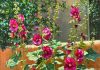 Daniel Mundy Santa Fe Garden Hollyhocks flowers floral gardening landscape oil painting