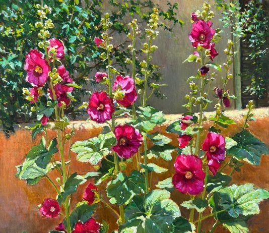 Daniel Mundy Santa Fe Garden Hollyhocks flowers floral gardening landscape oil painting