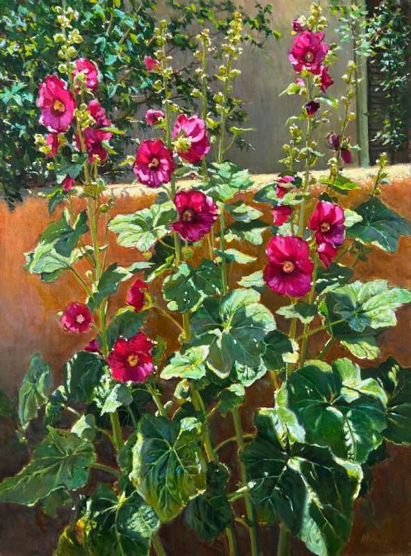 Daniel Mundy Santa Fe Garden Hollyhocks flowers floral gardening landscape oil painting