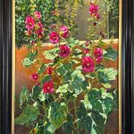 Daniel Mundy Santa Fe Garden Hollyhocks flowers floral gardening landscape oil painting framed