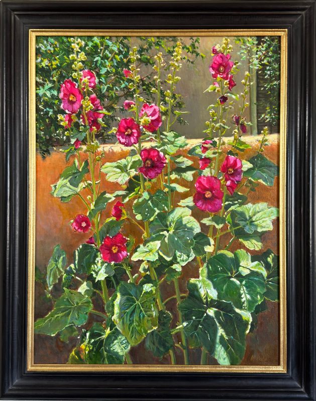 Daniel Mundy Santa Fe Garden Hollyhocks flowers floral gardening landscape oil painting framed