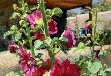 Daniel Mundy Summer Hollyhocks flowers floral adobe pueblo New Mexico Santa Fe Taos western oil painting