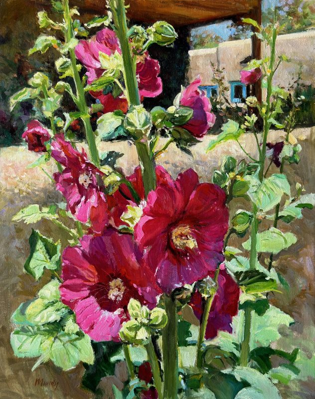 Daniel Mundy Summer Hollyhocks flowers floral adobe pueblo New Mexico Santa Fe Taos western oil painting