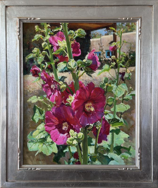 Daniel Mundy Summer Hollyhocks flowers floral adobe pueblo New Mexico Santa Fe Taos western oil painting framed