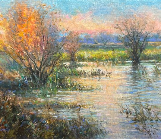 Daniel Mundy Yolo Marsh Sunrise water lake river tributary marsh western landscape oil painting Yolo Bypass Wildlife Area California