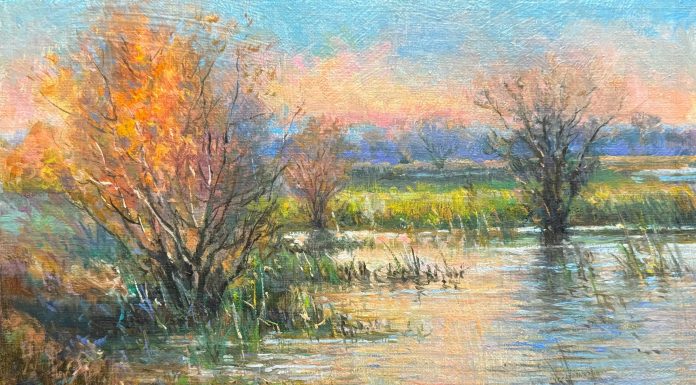 Daniel Mundy Yolo Marsh Sunrise water lake river tributary marsh western landscape oil painting Yolo Bypass Wildlife Area California