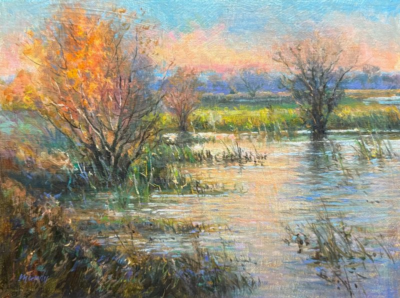Daniel Mundy Yolo Marsh Sunrise water lake river tributary marsh western landscape oil painting Yolo Bypass Wildlife Area California