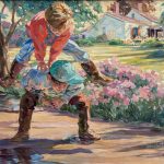 Corinne Hartley Leap Frog boys playing flowers impressionist impressionistic figure figurative oil painting