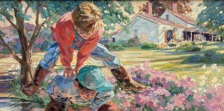 Corinne Hartley Leap Frog boys playing flowers impressionist impressionistic figure figurative oil painting