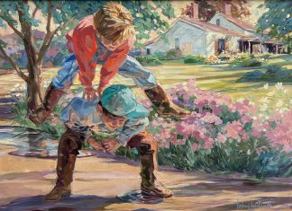 Corinne Hartley Leap Frog boys playing flowers impressionist impressionistic figure figurative oil painting