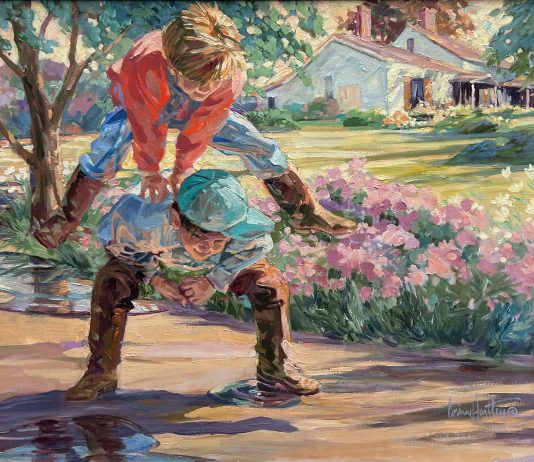 Corinne Hartley Leap Frog boys playing flowers impressionist impressionistic figure figurative oil painting