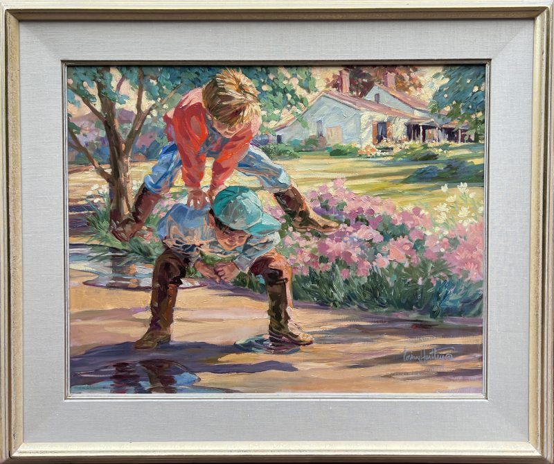 Corinne Hartley Leap Frog boys playing flowers impressionist impressionistic figure figurative oil painting framed