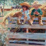 Corinne Hartley Riding High child children ranch farm apple dog hay wagon western oil painting