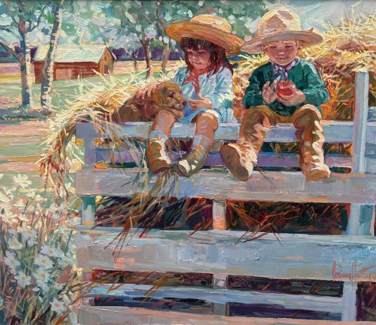 Corinne Hartley Riding High boy and girl farm ranch apple dog impressionist impressionistic figure figurative oil painting