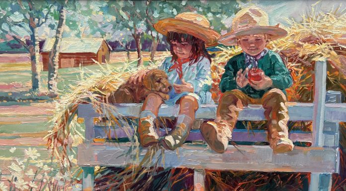 Corinne Hartley Corinne Hartley Riding High child children ranch farm apple dog hay wagon western oil painting