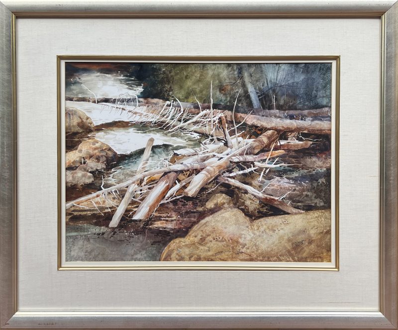 Irving Shapiro Canyon Filigree stream brook river beaver dam watercolor landscape painting framed