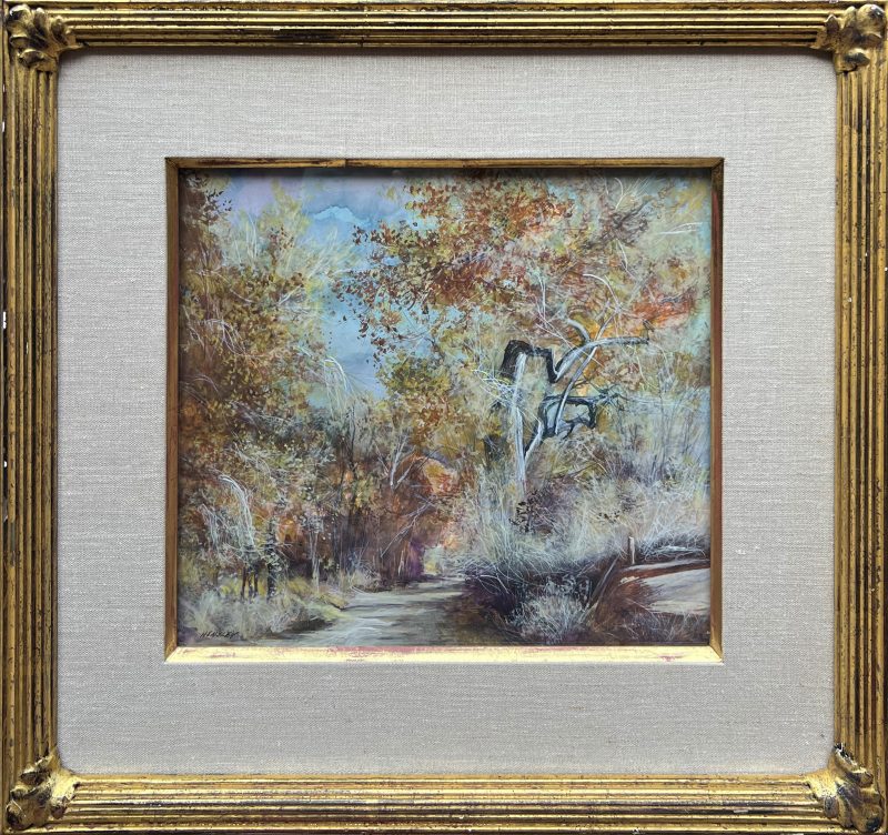 Jackson Hensley Autumn path forest trees landscape watercolor painting framed