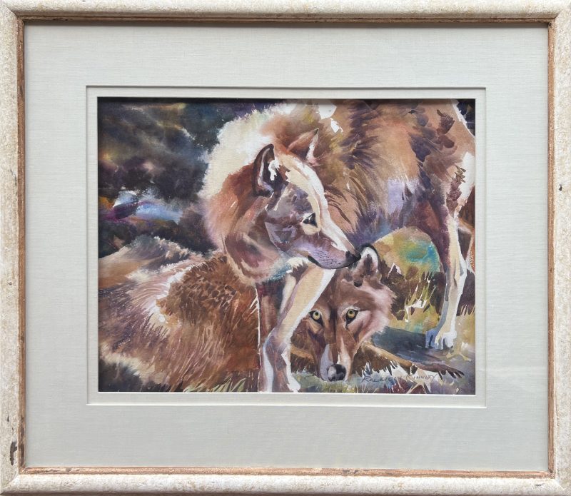 Raleigh Kinney Playmates wolf wolves wildlife watercolor painting framed