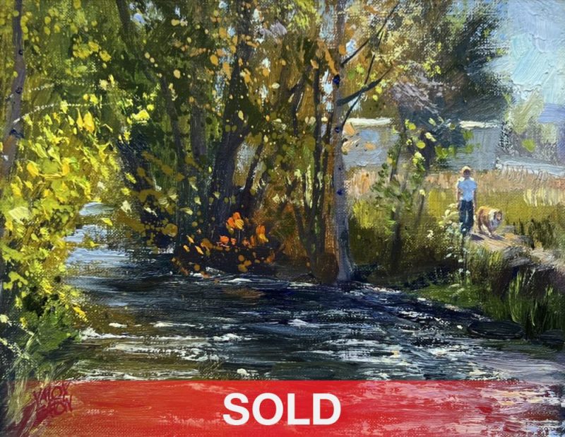 Valoy Eaton In October stream river brook trees autumn fall dog walking landscape oil painting sold