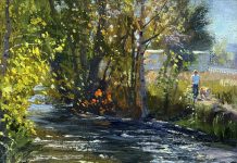 Valoy Eaton In October stream river brook trees autumn fall dog walking landscape oil painting