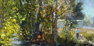 Valoy Eaton In October stream river brook trees autumn fall dog walking landscape oil painting