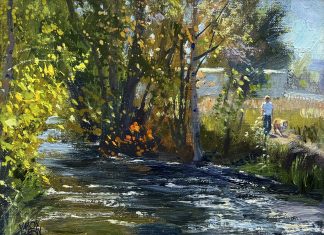 Valoy Eaton In October stream river brook trees autumn fall dog walking landscape oil painting