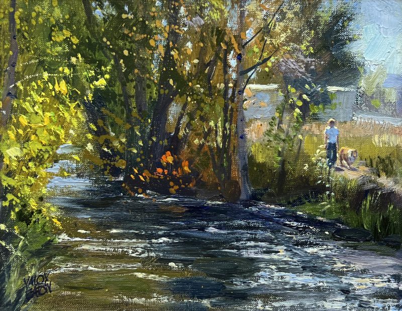 Valoy Eaton In October stream river brook trees autumn fall dog walking landscape oil painting