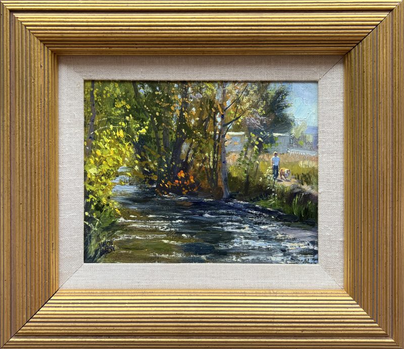 Valoy Eaton In October stream river brook trees autumn fall dog walking landscape oil painting framed