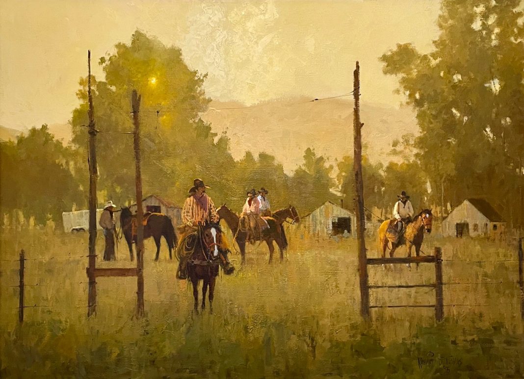 Richard D. Thomas Daybreak cowboy cattle ranch farm horses cowboy western oil painting