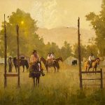 Richard D. Thomas Daybreak cowboy cattle ranch farm horses cowboy western oil painting