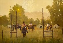 Richard D. Thomas Daybreak cowboy cattle ranch farm horses cowboy western oil painting