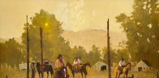 Richard D. Thomas Daybreak cowboy cattle ranch farm horses cowboy western oil painting