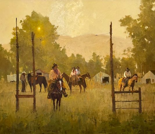 Richard D. Thomas Daybreak cowboy cattle ranch farm horses cowboy western oil painting