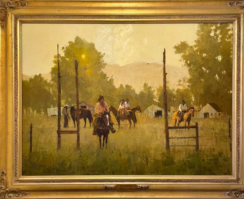 Richard D. Thomas Daybreak cowboy cattle ranch farm horses cowboy western oil painting framed