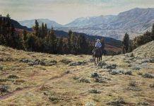 Laurie Lee Riding Home cowboy horse western oil painting landscape mountain prairie