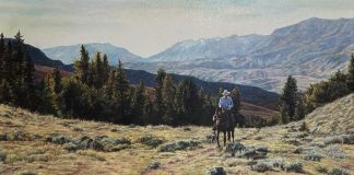 Laurie Lee Riding Home cowboy horse western oil painting landscape mountain prairie