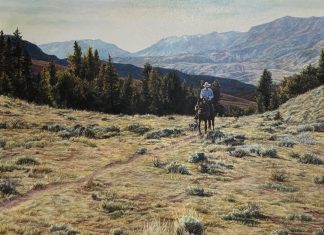 Laurie Lee Riding Home cowboy horse western oil painting landscape mountain prairie