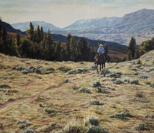 Laurie Lee Riding Home cowboy horse western oil painting landscape mountain prairie